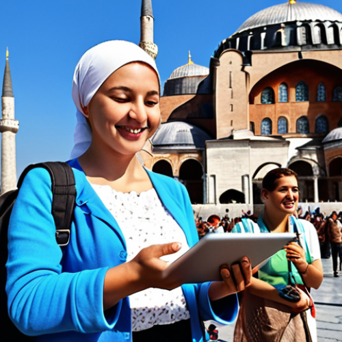 Home 4 A smiling, professional Turkish tour guide stands in front of the Hagia Sophia in Istanbul, holding a tablet with an interactive map. Tourists of diverse backgrounds surround her, listening attentively. The scene is vibrant, showcasing a sunny day and the historical architecture. "Türkiye" is subtly visible on the tablet screen.