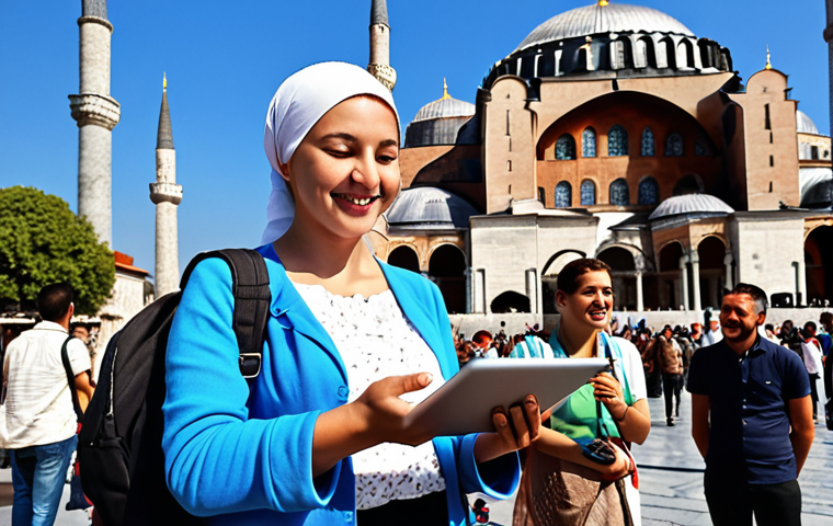 A smiling, professional Turkish tour guide stands in front of the Hagia Sophia in Istanbul, holding a tablet with an interactive map. Tourists of diverse backgrounds surround her, listening attentively. The scene is vibrant, showcasing a sunny day and the historical architecture. "Türkiye" is subtly visible on the tablet screen.